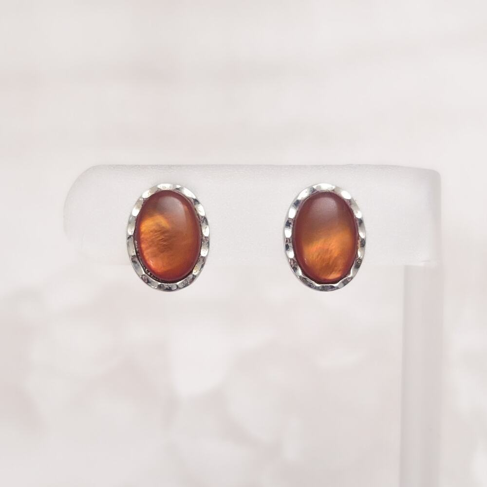 Vintage Clip On Earrings Dark Orange/Amber Tone Oval with Silver Tone Halo